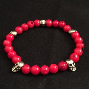 7.5" Red Stone with Silver Skulls Bracelet